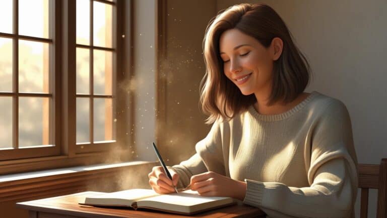 A calm smiling woman journaling near a window with sunlight
