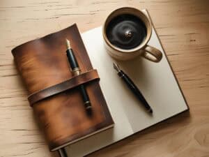 Gratitude journal and pen on wooden table with coffee
